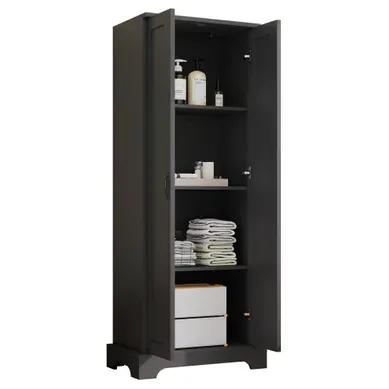 Armoire De Rangement De Salle De Bain 56x40x170 Cm Avec 2 Portes, En Mdf Noir Armoire De Rangement De Salle De Bain 56x40x170 Cm Avec 2 Portes, En Mdf Noir