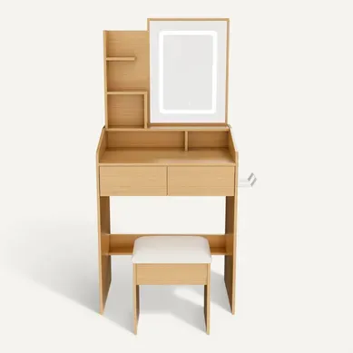 Coiffeuse Et Tabouret Avec Miroir LED 3 Couleurs, 2 Tiroirs, Prise Charge, Rangement, Finition Bois Coiffeuse Et Tabouret Avec Miroir LED 3 Couleurs, 2 Tiroirs, Prise Charge, Rangement, Finition Bois