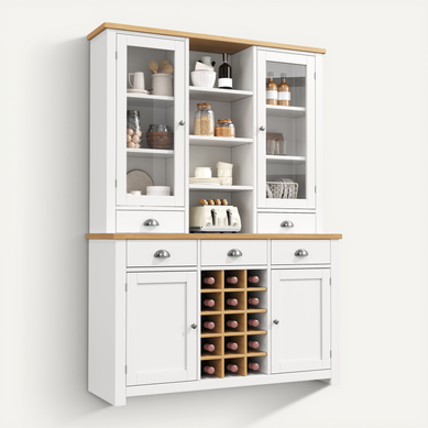Buffet De Cuisine 120x40x185 Cm Blanc Avec Casier à Vin Amovible, 5 Tiroirs Et Portes Vitrées