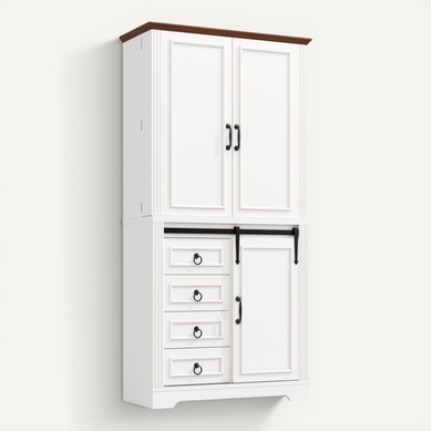 Buffet Haut De Cuisine 80x39.8x180 Cm Blanc Avec étagères Réglables, 4 Tiroirs Et 3 Portes