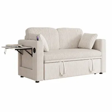 Canapé Convertible 2 Places 145x132x85.5 Cm Avec USB, Type-c Et Porte-gobelets, Velours Côtelé Blanc Canapé Convertible 2 Places 145x132x85.5 Cm Avec USB, Type-c Et Porte-gobelets, Velours Côtelé Blanc