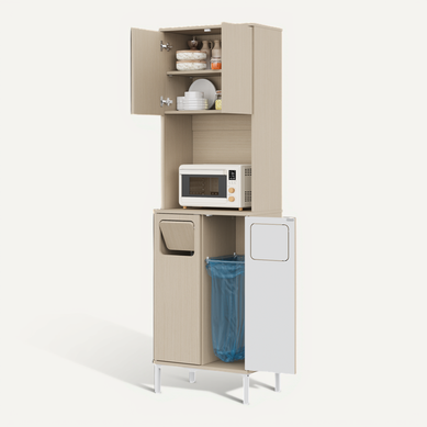 Buffet Haut, Armoire De Cuisine 53x35x181 Cm Bois Clair, étagères Réglables Et Compartiment Poubelle