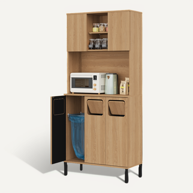 Buffet De Cuisine Haut 80x35x181 Cm Naturel, Compartiments Poubelles, 3 Portes Et étagères Réglables