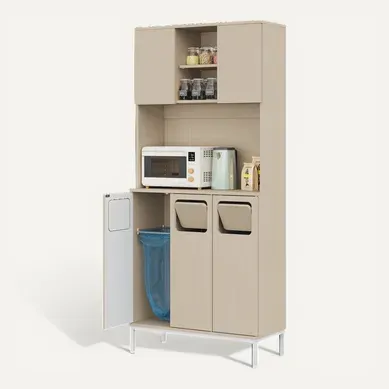 Armoire De Cuisine, Buffet Haut 80x35x181 Cm Bois Clair, Compartiments Poubelles, Espace Aspirateur