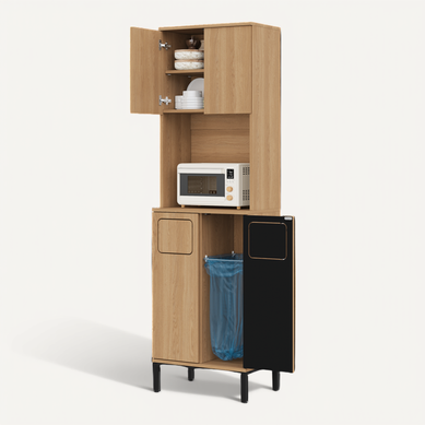 Buffet De Cuisine Haut 53x35x181 Cm Naturel Et Noir, 2 Portes, Espace Poubelle Et étagères Réglables