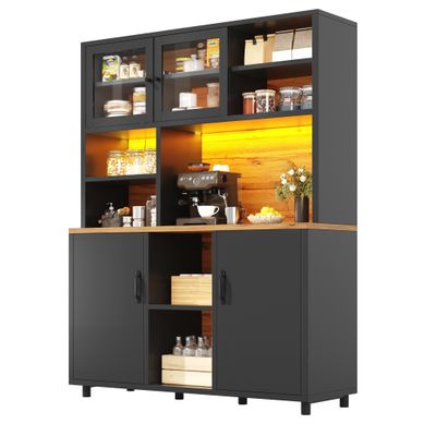 Buffet De Cuisine Haut 140x40x185 Cm Noir Avec LED, Portes Coulissantes Et étagères Réglables Buffet De Cuisine Haut 140x40x185 Cm Noir Avec LED, Portes Coulissantes Et étagères Réglables