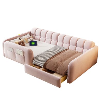 Lit Enfant 90x200 Cm Avec USB/type-c, Veilleuse LED Et Tiroir, En Velours Rose