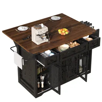 Îlot De Cuisine 144.4x75x91.5 Cm Noir, Roulettes, Prises, USB, étagères Réglables, 3 Tiroirs, Portes