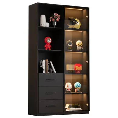 Vitrine LED Noire 80x40x160 Cm Avec Porte En Verre Trempé, 3 Tiroirs Et 3 Niches Vitrine LED Noire 80x40x160 Cm Avec Porte En Verre Trempé, 3 Tiroirs Et 3 Niches