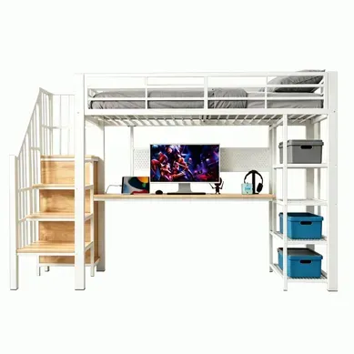 Lit Mezzanine Enfant 90x200 Cm Avec Bureau, Escalier, LED Et Prise, Métal Et Bois Blanc