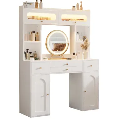 Coiffeuse 120x40x160 Cm Blanc Avec Miroir, LED, Niches Ouvertes, 4 Tiroirs Et 4 Portes