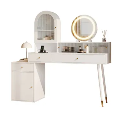 Coiffeuse 140x40x140 Cm Blanc Avec Miroir LED, USB, Type-c, 2 Prises, 3 Tiroirs Et 2 Portes