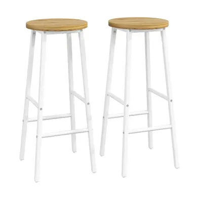Lot De 2 Tabourets De Bar 30x30x70 Cm En Métal Blanc Avec Assise Aspect Bois