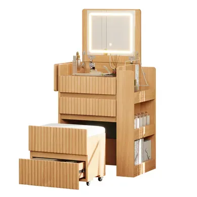 Coiffeuse 79x40x120 Cm Naturel Avec Miroir LED Rabattable, USB/type-c, Tabouret Et 3 Tiroirs