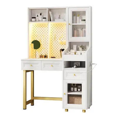 Coiffeuse LED 100x45x156 Cm Blanc Et Doré Avec Niches Ouvertes, 3 Tiroirs Et 2 Portes