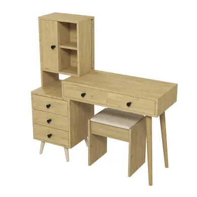 Coiffeuse 84x40x120 Cm Avec Miroir Escamotable, 5 Tiroirs Et Tabouret, Bois Naturel