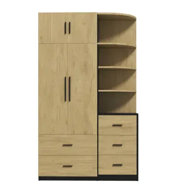 Armoire 110x40x186 Cm Avec Penderie, 5 Tiroirs, 2 Portes Et étagères, En Bois Noir Et Naturel