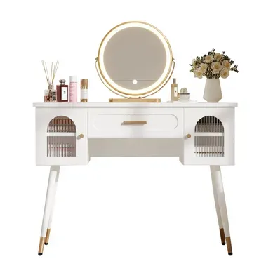 Coiffeuse 100x42x112 Cm Blanc Et Doré Avec Miroir LED, Tiroir Et 2 Portes