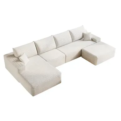 Canapé Compressé D’angle Modulable 5 Places 340 Cm Velours Côtelé Blanc, Assise Profonde Canapé Compressé D’angle Modulable 5 Places 340 Cm Velours Côtelé Blanc, Assise Profonde