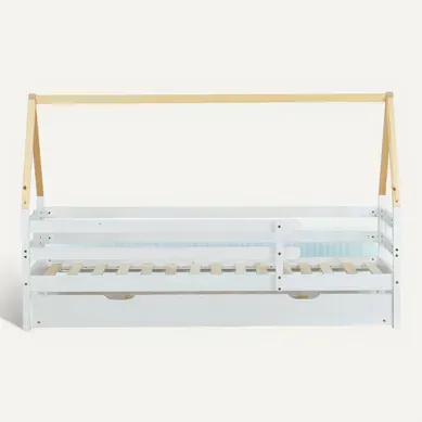 Lit Gigogne 90×200 Cm Et 90×190 Cm, Avec Barrière, Style Cabane, Bois, Blanc Et Bois-clair