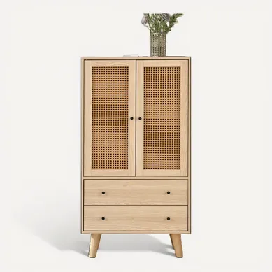 Buffet Haut Avec 2 Portes En Rotin Et 2 Tiroirs, 4 Compartiments - 60x40x120 Cm - Mdf - Naturel Buffet Haut Avec 2 Portes En Rotin Et 2 Tiroirs, 4 Compartiments - 60x40x120 Cm - Mdf - Naturel