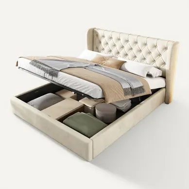Lit Coffre 180x200 Cm - Lit Double Avec Sommier à Lattes Et Coffre Hydraulique - Velours - Beige