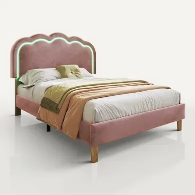 Lit Simple 90x190 Cm - Lit Capitonné Avec Tête De Lit LED Réglable - Velours - Rose