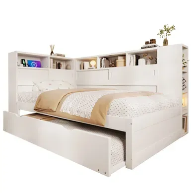 Lit Gigogne 90×200 Cm Et 90×190 Cm, Rangements Latéraux, Tête De Lit USB, Bois, Blanc