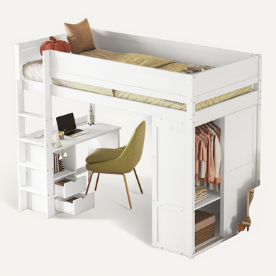 Lit Mezzanine 90 X 200 Cm - Lit Enfant Avec Bureau, Armoire Et Tiroirs - Pin + Mdf - Blanc Lit Mezzanine 90 X 200 Cm - Lit Enfant Avec Bureau, Armoire Et Tiroirs - Pin + Mdf - Blanc