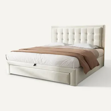 Lit Coffre 140x190 Cm – Coffre Hydraulique Avec 2 En 1 Tiroir Et Sommier à Lattes, Velours, Beige