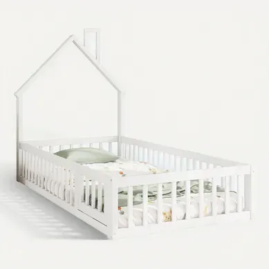 Lit Cabane 90 X 200 Cm - Lit Enfant Forme Cheminée - Pin + Mdf - Blanc Lit Cabane 90 X 200 Cm - Lit Enfant Forme Cheminée - Pin + Mdf - Blanc