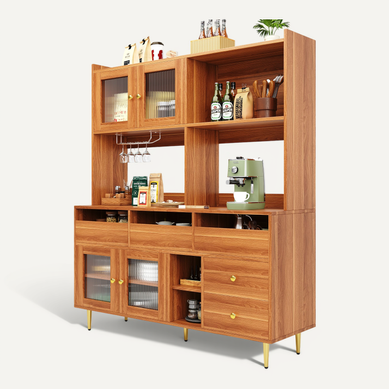 Buffet Haut Avec Portes Et étagères Ajustables, Vaisselier De Rangement Mdf Et Métal, Naturel