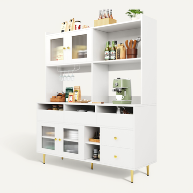 Buffet Haut Avec Portes Et étagères Ajustables, Vaisselier De Rangement Mdf Et Métal, Blanc