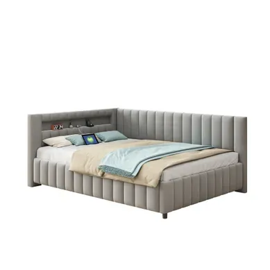 Lit Banquette 140x200 Cm Avec Éclairage LED Et Port USB, Velours Gris Clair Lit Banquette 140x200 Cm Avec Éclairage LED Et Port USB, Velours Gris Clair