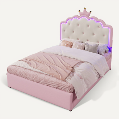 Lit Gigogne Capitonné - Lit Enfant 140x200 Cm Avec 2 Tiroirs, éclairage LED, Pu Et Mdf, Rose Lit Gigogne Capitonné - Lit Enfant 140x200 Cm Avec 2 Tiroirs, éclairage LED, Pu Et Mdf, Rose