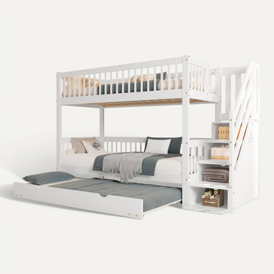 Lit Superposé 90×200 Cm Et 90×190 Cm, Rangement, Barrière, Bois, Blanc Lit Superposé 90×200 Cm Et 90×190 Cm, Rangement, Barrière, Bois, Blanc