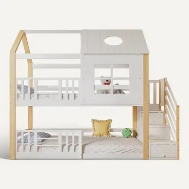 Lit Superposé 90x200 Cm Cabane Enfant, Toit, Fenêtres, Escalier Rangement, Pin + Mdf, Blanc/naturel