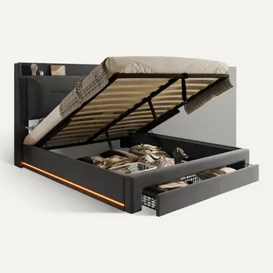 Lit Coffre 140x190 Cm – Lit Double Rembourré Avec Tiroirs Et LED, Velours, Gris