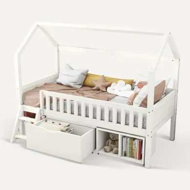 Lit Enfant 90x200 Cm - Lit Simple Cabane Avec Tiroirs Et Compartiments De Rangement - Bois - Blanc Lit Enfant 90x200 Cm - Lit Simple Cabane Avec Tiroirs Et Compartiments De Rangement - Bois - Blanc
