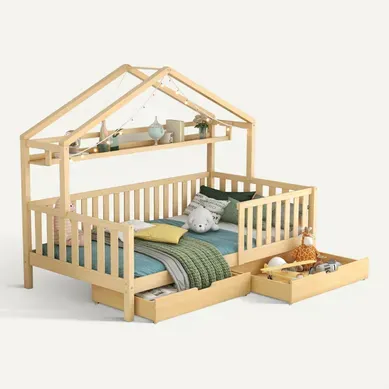 Lit Enfant 90x200 Cm - Lit Cabane Avec 2 Tiroirs De Rangement, Sommier En Bois Inclus, Naturel Lit Enfant 90x200 Cm - Lit Cabane Avec 2 Tiroirs De Rangement, Sommier En Bois Inclus, Naturel