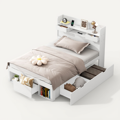 Lit Avec Rangement 90x200 Cm - Lit Simple Avec USB Et Tiroirs, Armoire Intégrée - Bois Blanc Lit Avec Rangement 90x200 Cm - Lit Simple Avec USB Et Tiroirs, Armoire Intégrée - Bois Blanc