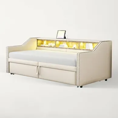 Lit Gigogne 90/180x200 Cm - Avec Rangement Et éclairage LED, Tissu Lin Et Mdf, Beige Lit Gigogne 90/180x200 Cm - Avec Rangement Et éclairage LED, Tissu Lin Et Mdf, Beige