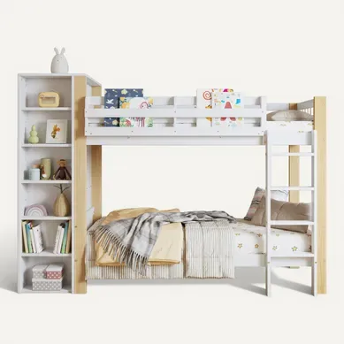 Lit Superposé 90×200 Cm Avec Armoire Latérale, 6 étagères, échelle 4 Marches, Bois, Blanc
