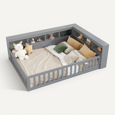Lit Double 140x190 Cm - Rangement Et Barrière Ajustable - Mdf Et Panneaux De Particules - Gris Lit Double 140x190 Cm - Rangement Et Barrière Ajustable - Mdf Et Panneaux De Particules - Gris