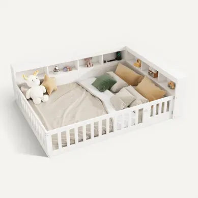 Lit Double 140x190 Cm - Rangement Et Barrière Ajustable - Mdf Et Panneaux De Particules - Blanc Lit Double 140x190 Cm - Rangement Et Barrière Ajustable - Mdf Et Panneaux De Particules - Blanc