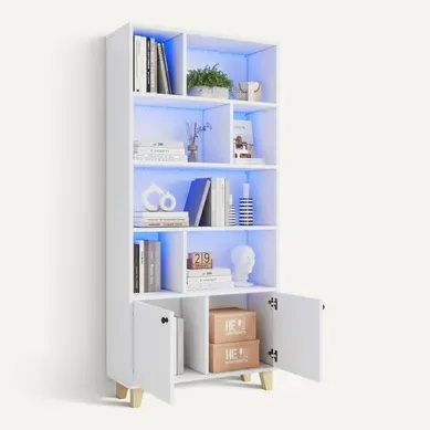 Etagère Bibliothèque En Bois De Pin Et Mdf Avec 4 étagères, 2 Portes Et Télécommande LED, Blanc