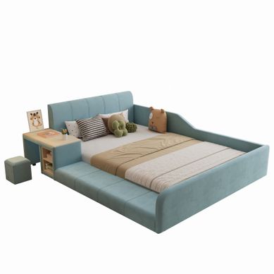 Lit Enfant 140×200 Cm Avec Bureau Latéral, Tabouret Et Rangements, Velours, Bleu