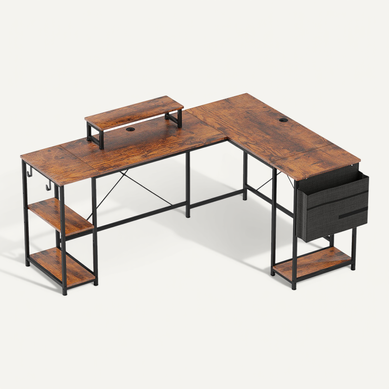Bureau D'angle En L, Table De Travail Réversible, Compartiments Et Support Moniteur, Bois Marron Bureau D'angle En L, Table De Travail Réversible, Compartiments Et Support Moniteur, Bois Marron