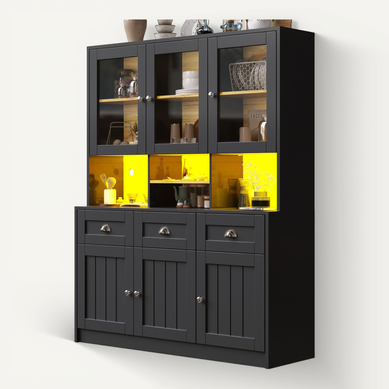 Buffet Haut LED Vitrine De Cuisine Avec étagères Réglables Et Meuble De Rangement, Mdf, Noir Buffet Haut LED Vitrine De Cuisine Avec étagères Réglables Et Meuble De Rangement, Mdf, Noir