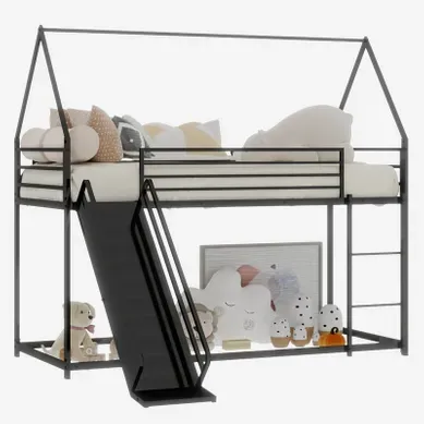 Lit Superposé Cabane 90×190 Cm, Toboggan, échelle Et Barrières, Métal, Noir